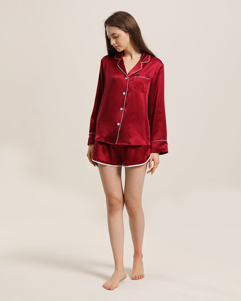 Relax Silk Shirt Shorts Pajamas Set Burgundy