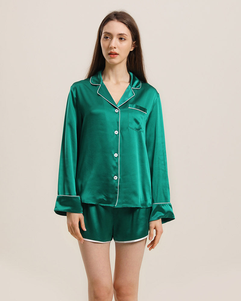 Relax Silk Shirt Shorts Pajamas Set Dark Green