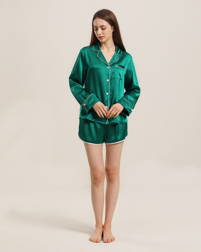 Relax Silk Shirt Shorts Pajamas Set Dark Green