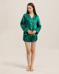 Relax Silk Shirt Shorts Pajamas Set Dark Green