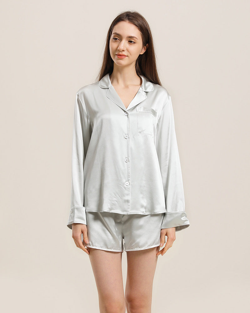 Relax Silk Shirt Shorts Pajamas Set Grey