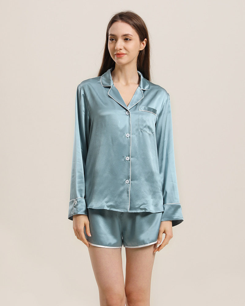Relax Silk Shirt Shorts Pajamas Set Haze Blue
