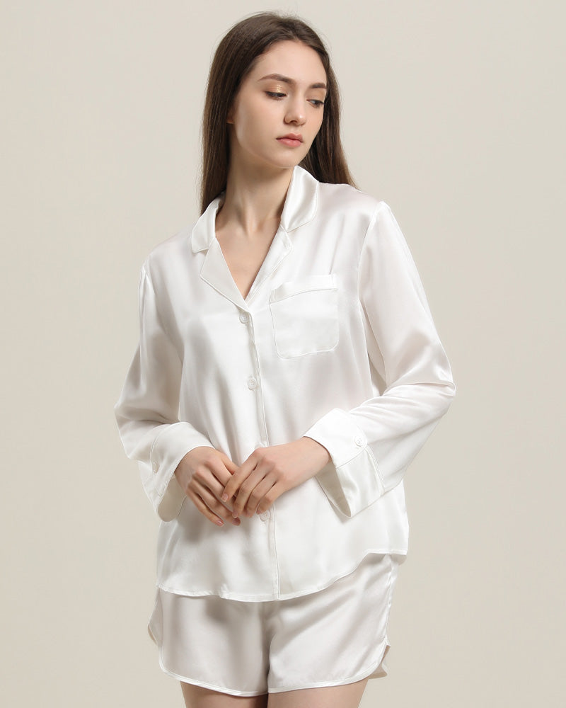 Relax Silk Shirt Shorts Pajamas Set Ivory