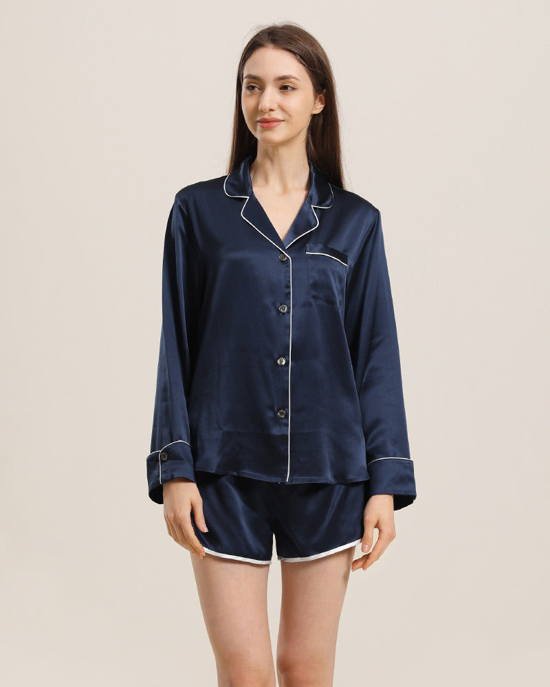 Relax Silk Shirt Shorts Pajamas Set Navy