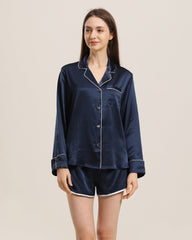 Relax Silk Shirt Shorts Pajamas Set Navy