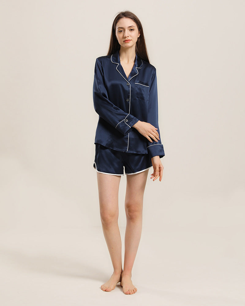 Relax Silk Shirt Shorts Pajamas Set Navy