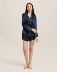 Relax Silk Shirt Shorts Pajamas Set Navy