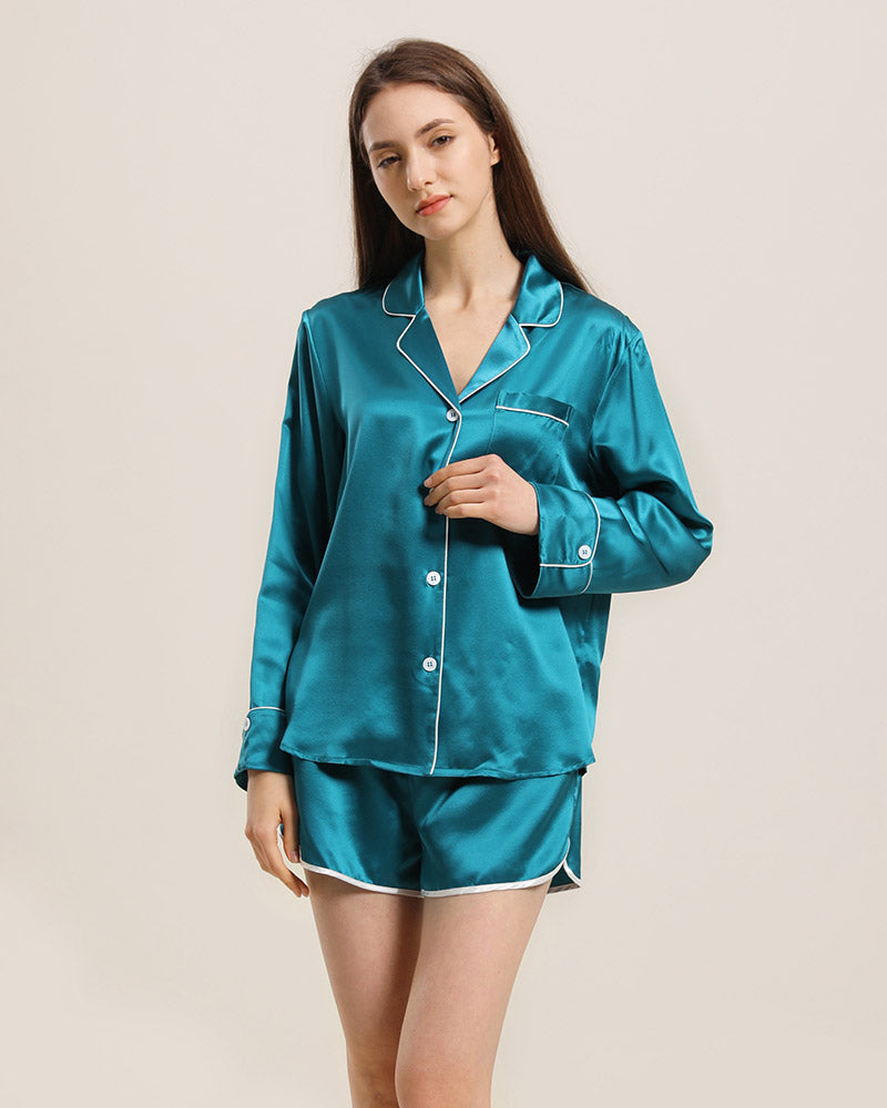 Relax Silk Shirt Shorts Pajamas Set Peacock Blue