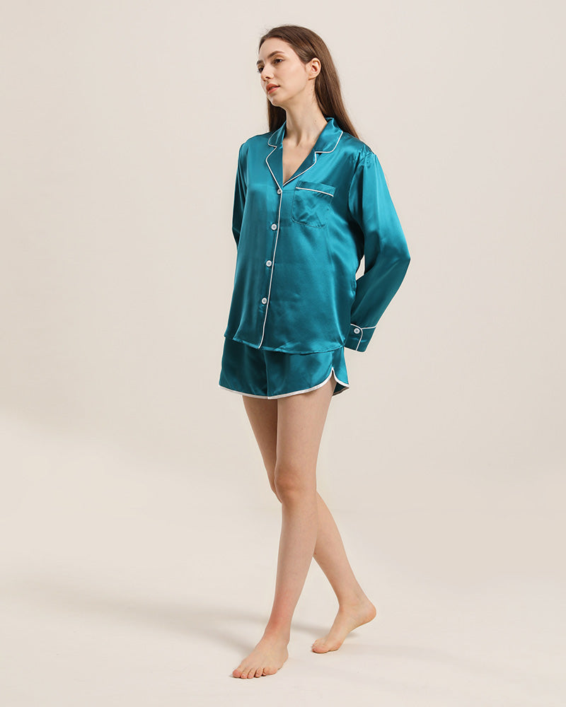Relax Silk Shirt Shorts Pajamas Set Peacock Blue
