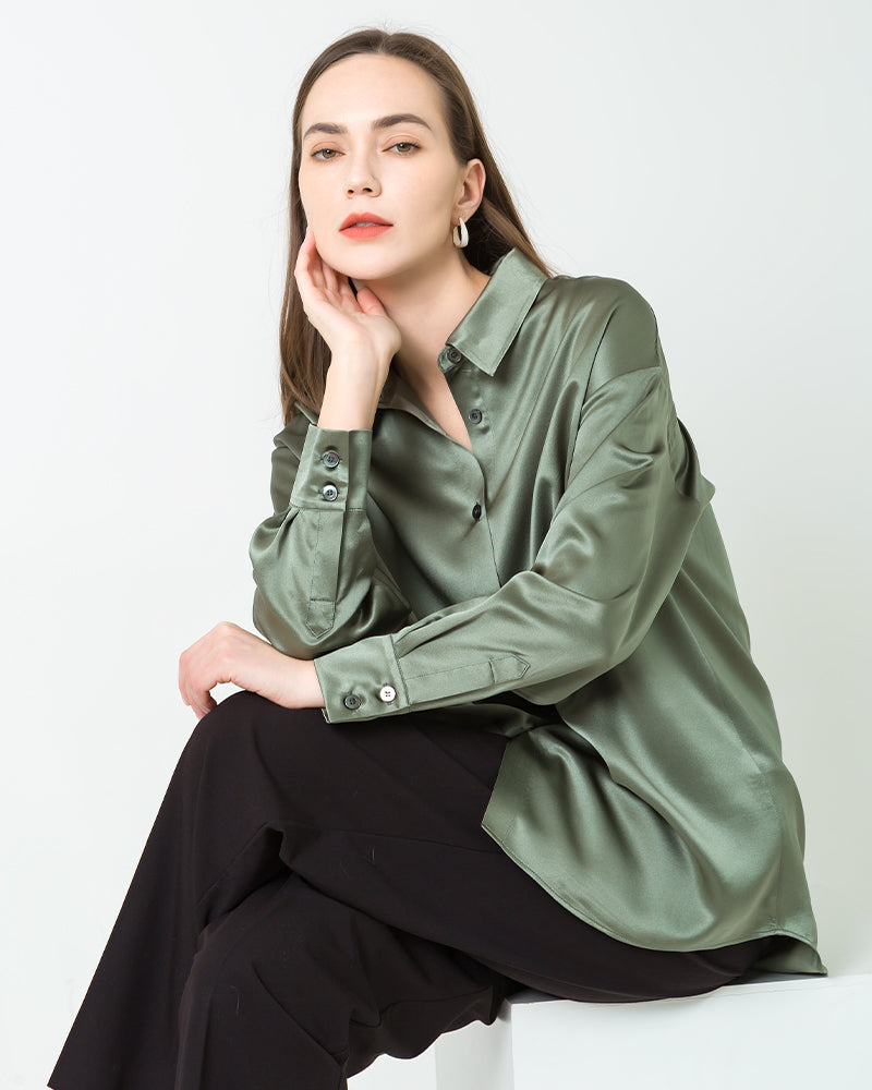 Relax Drop Shoulder Oversize Silk Shirt Olive Green