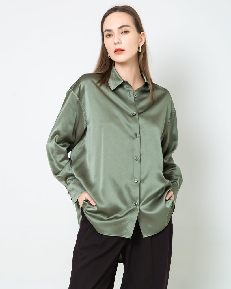 Relax Drop Shoulder Oversize Silk Shirt Olive Green