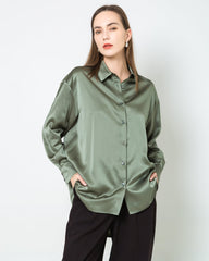 Relax Drop Shoulder Oversize Silk Shirt Olive Green