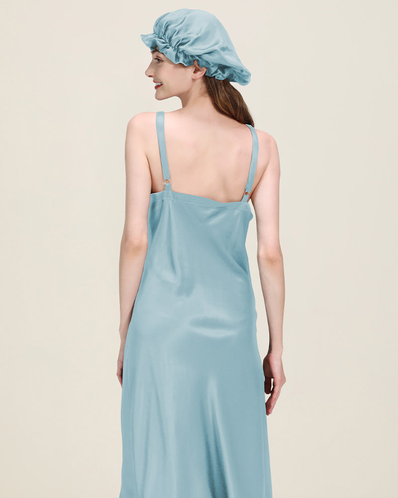 Relaxed Fit Long Silk Nightgown Haze Blue