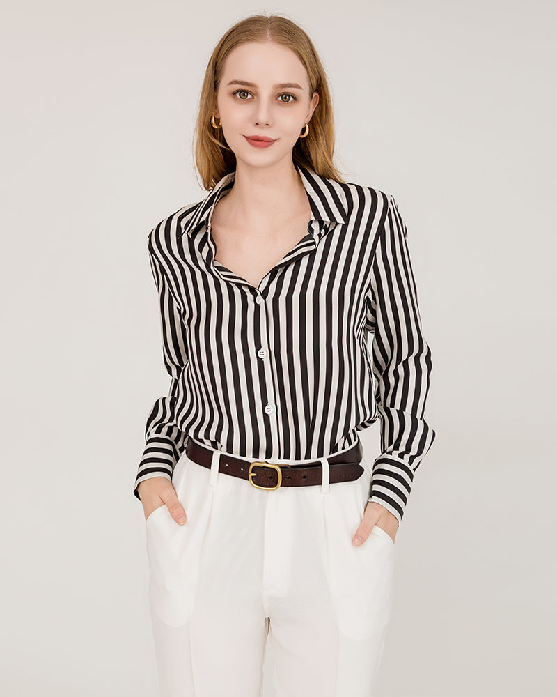 Relaxed Fit Vertical Stripe Silk Shirts Stripe