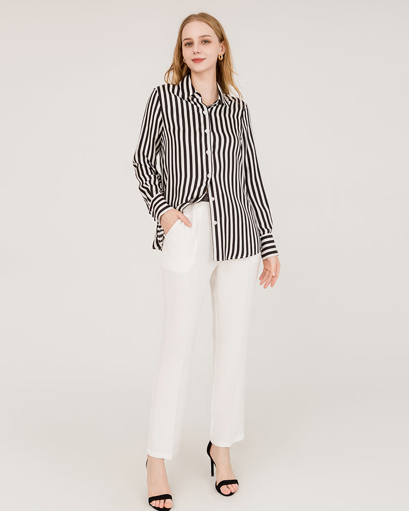 Relaxed Fit Vertical Stripe Silk Shirts Stripe
