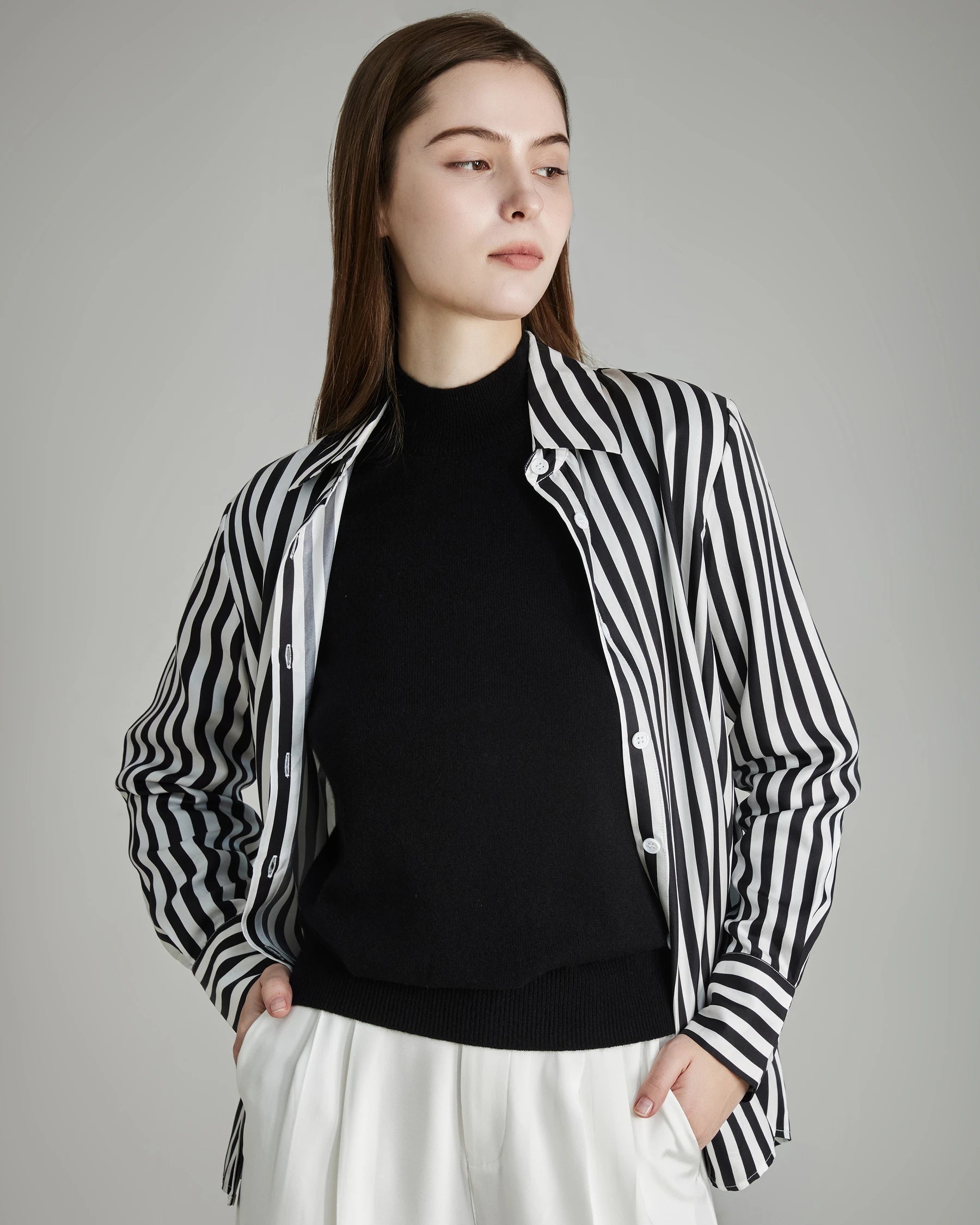 Relaxed Fit Vertical Stripe Silk Shirts Stripe