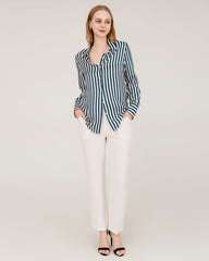 Relaxed Fit Vertical Stripe Silk Shirts Navy Stripe