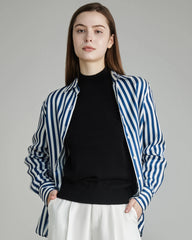 Relaxed Fit Vertical Stripe Silk Shirts Navy Stripe