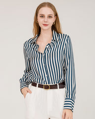 Relaxed Fit Vertical Stripe Silk Shirts Navy Stripe