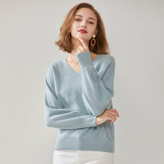 Relaxed V-Neck Pure Cashmere Sweater Blue