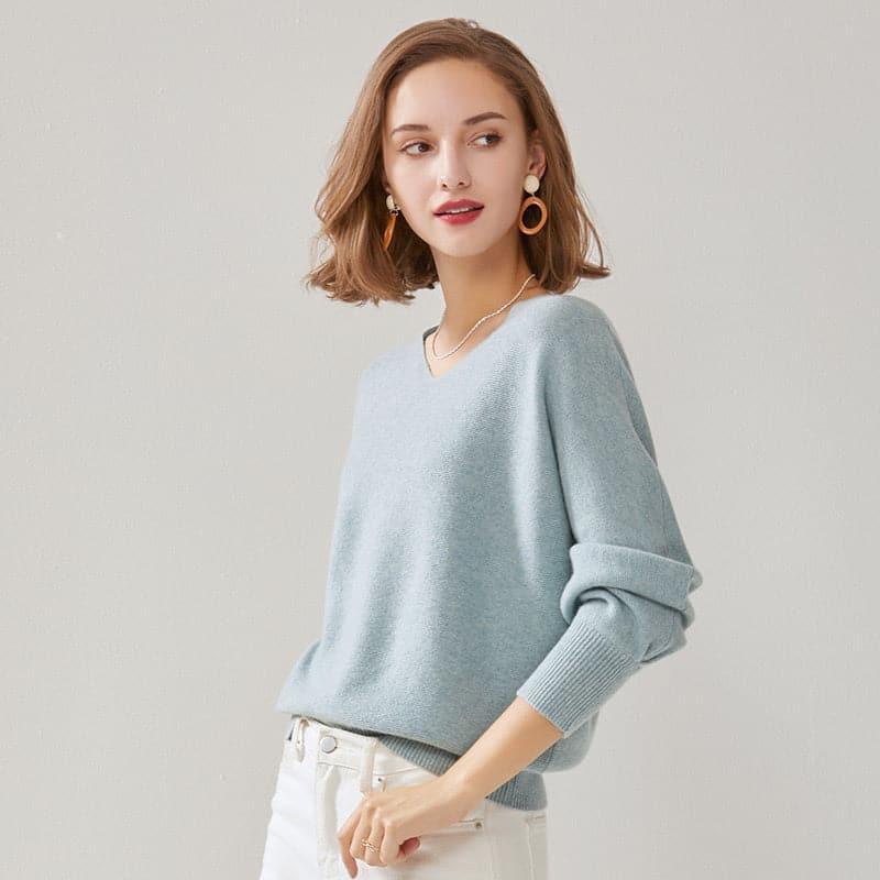 Relaxed V-Neck Pure Cashmere Sweater Blue