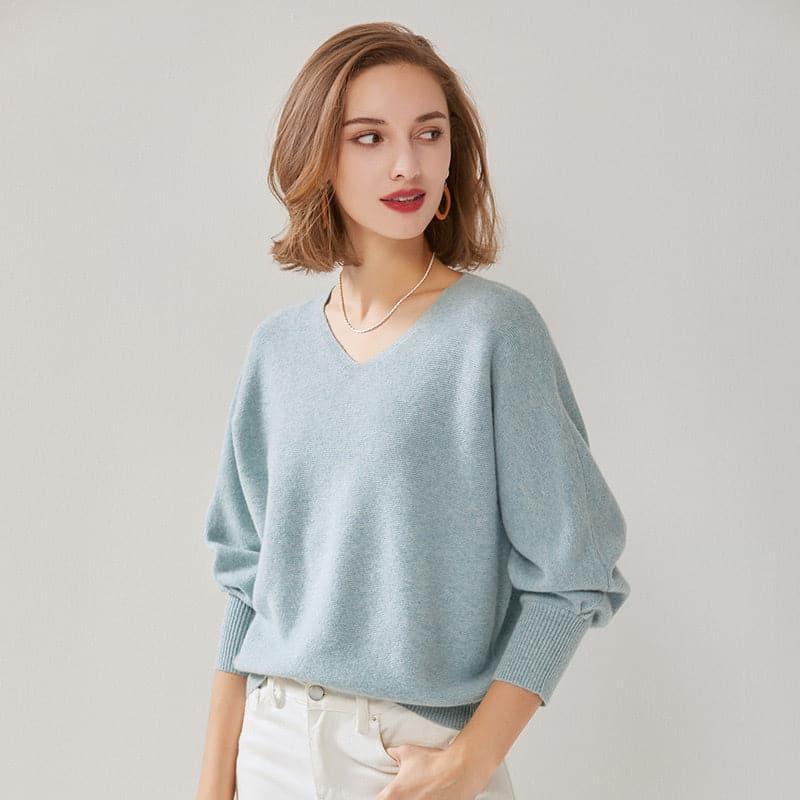 Relaxed V-Neck Pure Cashmere Sweater Blue