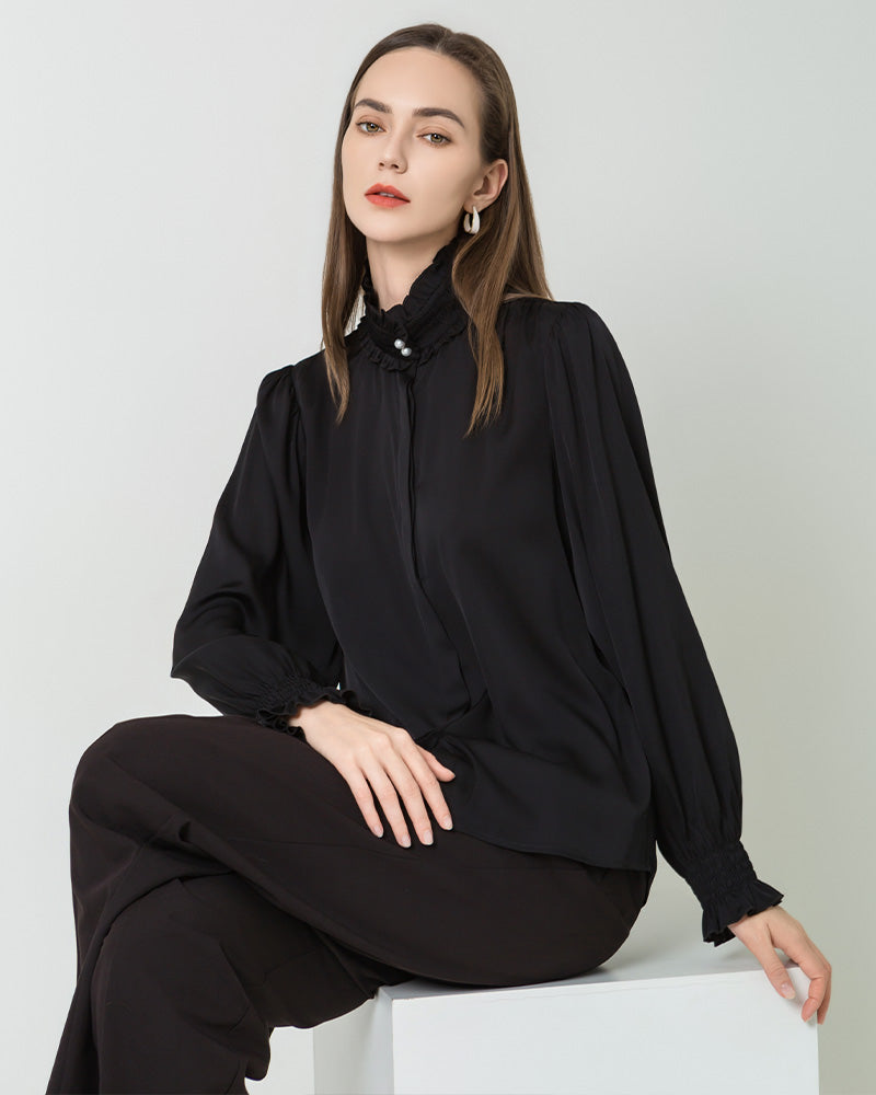 Romantic Ruffled Collar Silk Blouse Black