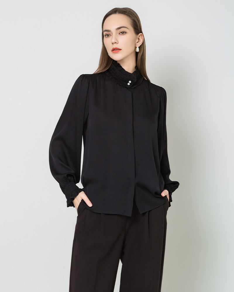 Romantic Ruffled Collar Silk Blouse Black