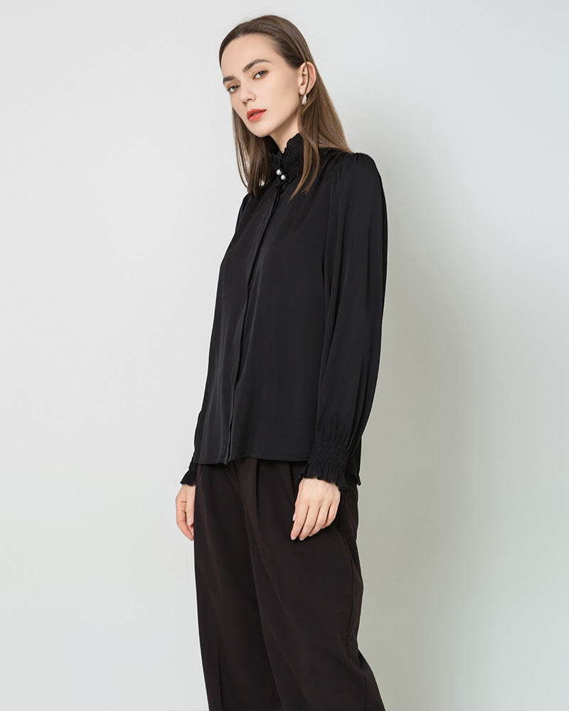 Romantic Ruffled Collar Silk Blouse Black
