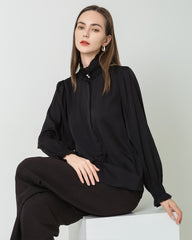 Romantic Ruffled Collar Silk Blouse Black