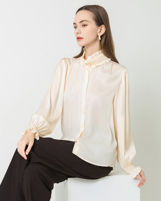 Romantic Ruffled Collar Silk Blouse Cream