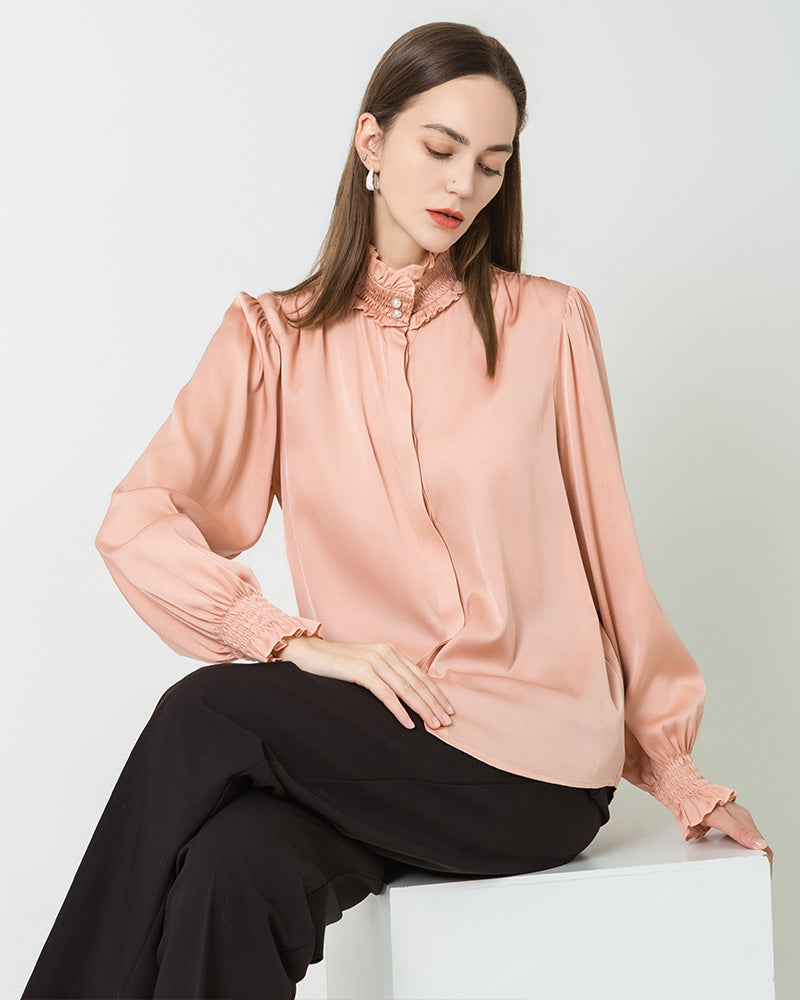 Romantic Ruffled Collar Silk Blouse Pink
