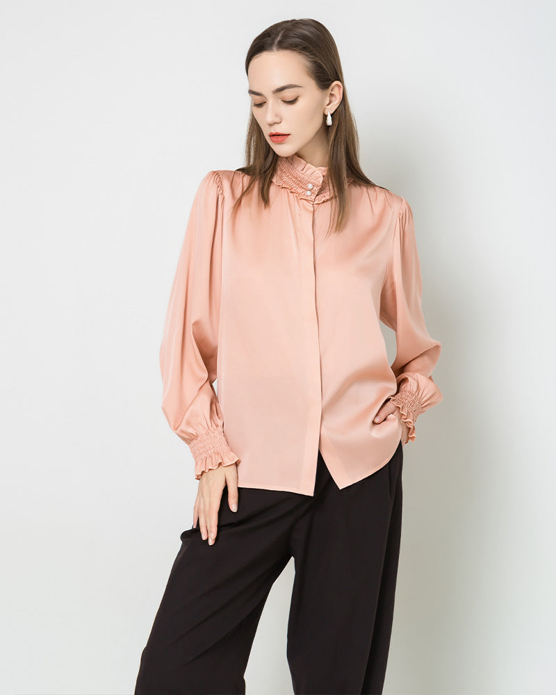 Romantic Ruffled Collar Silk Blouse Pink