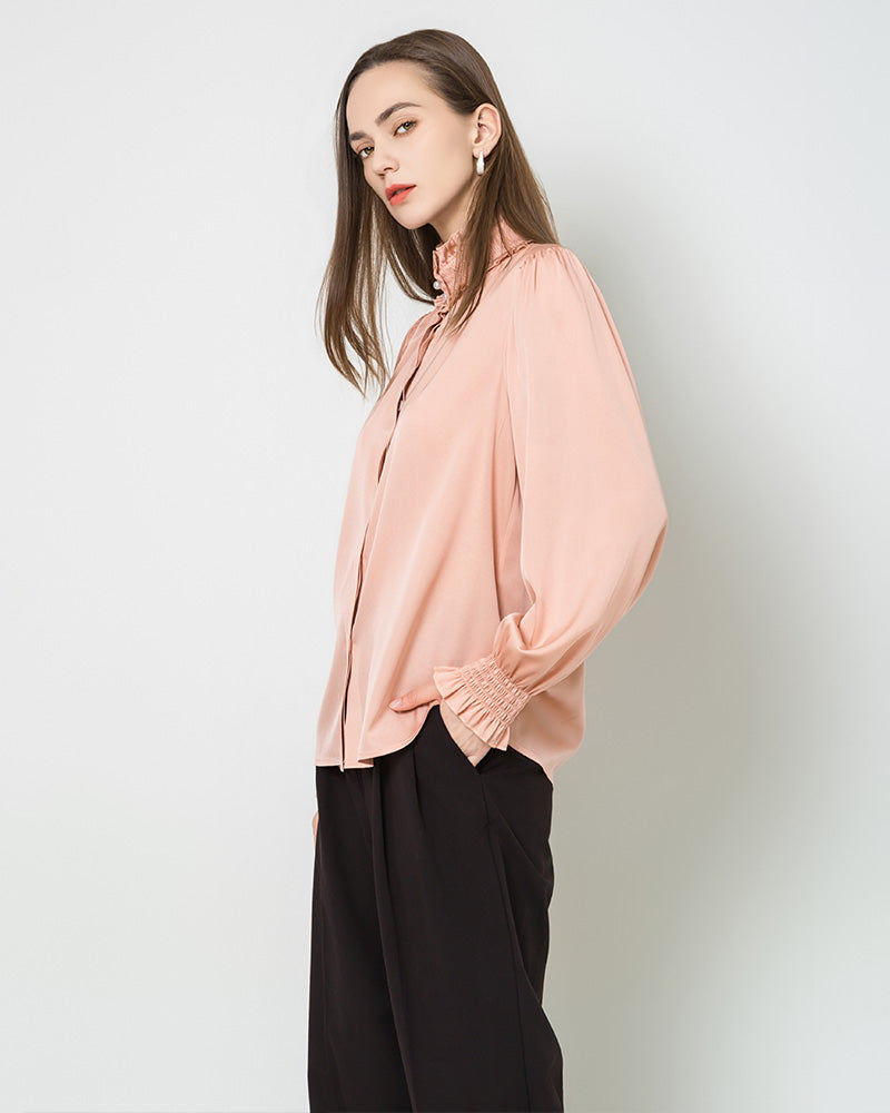 Romantic Ruffled Collar Silk Blouse Pink
