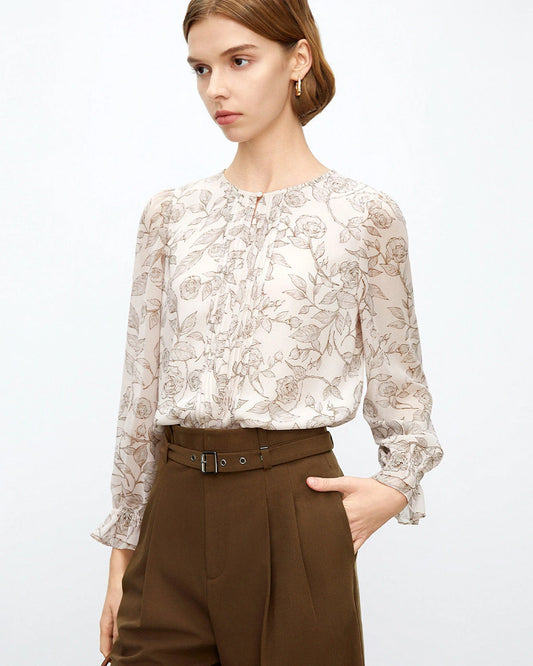 Rose Sketch Floral Silk Blouse