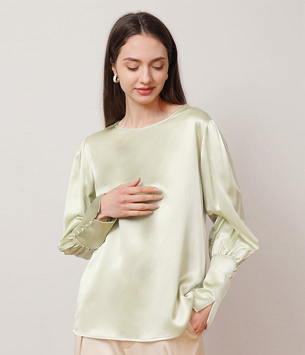 Round Collar 22 Momme Silk Blouse Avocado Green