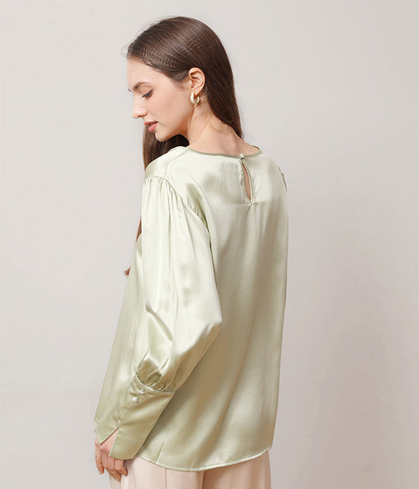 Round Collar 22 Momme Silk Blouse Avocado Green