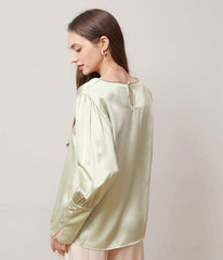 Round Collar 22 Momme Silk Blouse Avocado Green