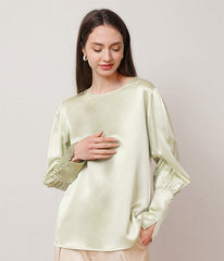 Round Collar 22 Momme Silk Blouse Avocado Green