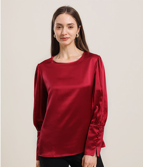 Round Collar 22 Momme Silk Blouse Burgundy