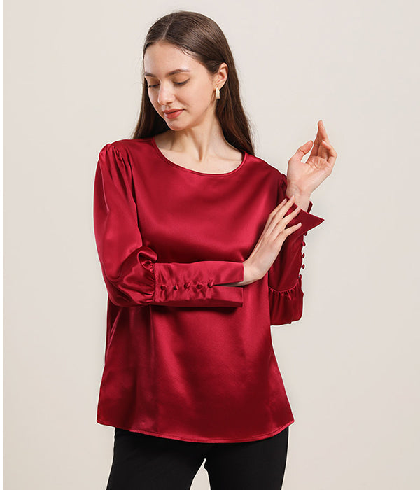 Round Collar 22 Momme Silk Blouse Burgundy