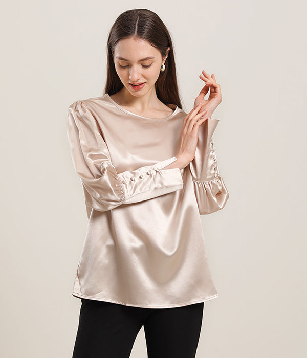 Round Collar 22 Momme Silk Blouse Champagne