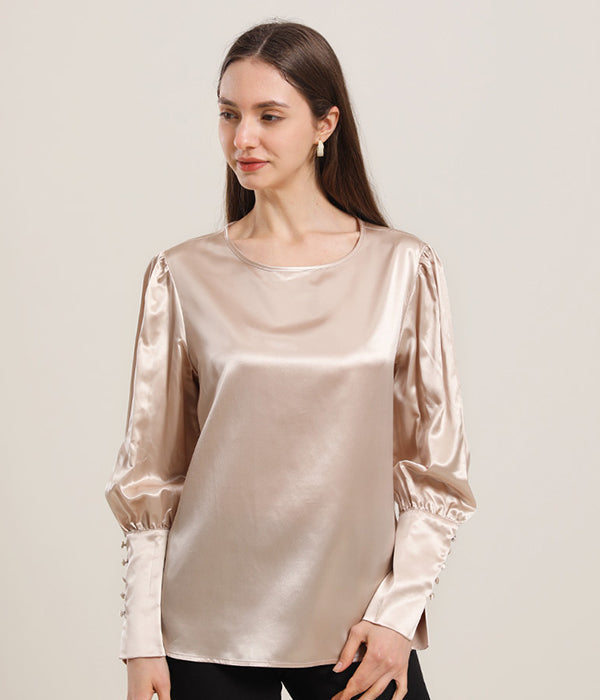 Round Collar 22 Momme Silk Blouse Champagne