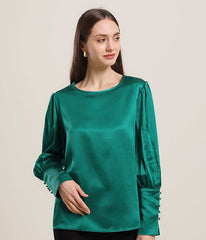 Round Collar 22 Momme Silk Blouse Dark Green