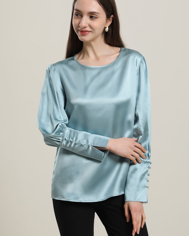 Round Collar 22 Momme Silk Blouse Haze Blue