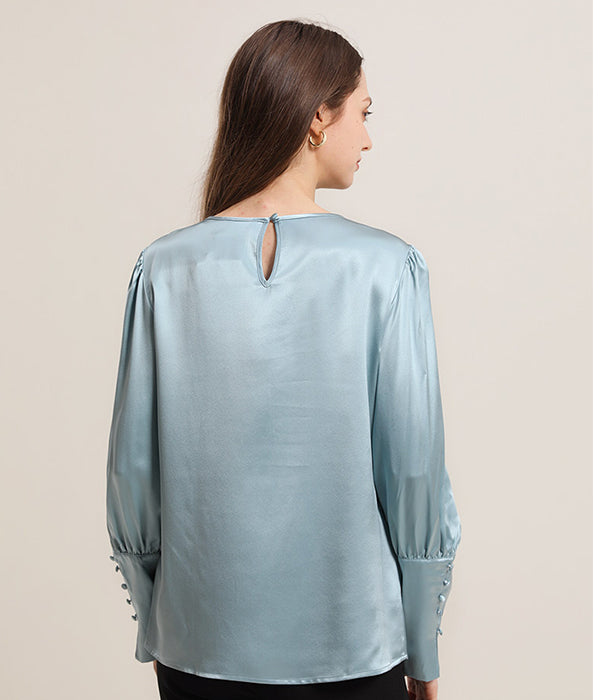 Round Collar 22 Momme Silk Blouse Haze Blue