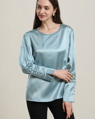 Round Collar 22 Momme Silk Blouse Haze Blue