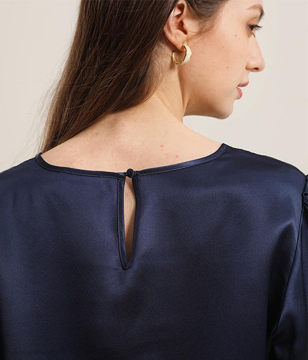 Round Collar 22 Momme Silk Blouse Navy