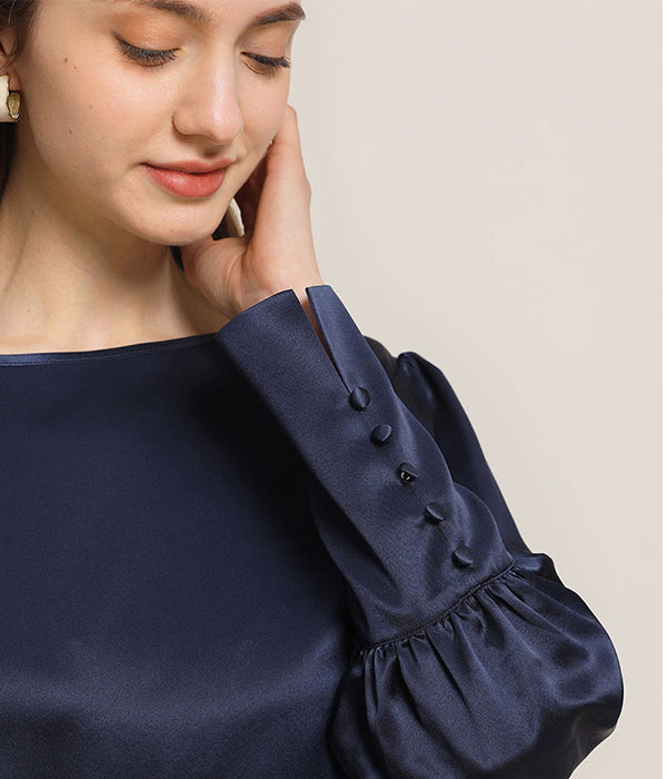 Round Collar 22 Momme Silk Blouse Navy