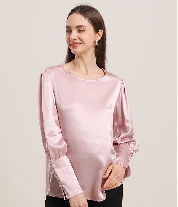 Round Collar 22 Momme Silk Blouse Pink